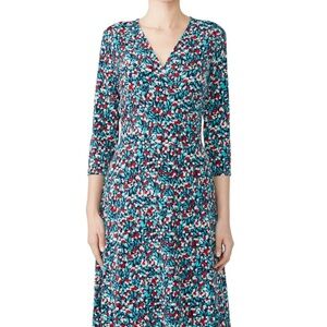Leota Perfect Wrap Dress 2X Floral Teal Red White Faux Wrap 3/4 Sleeve Stretch